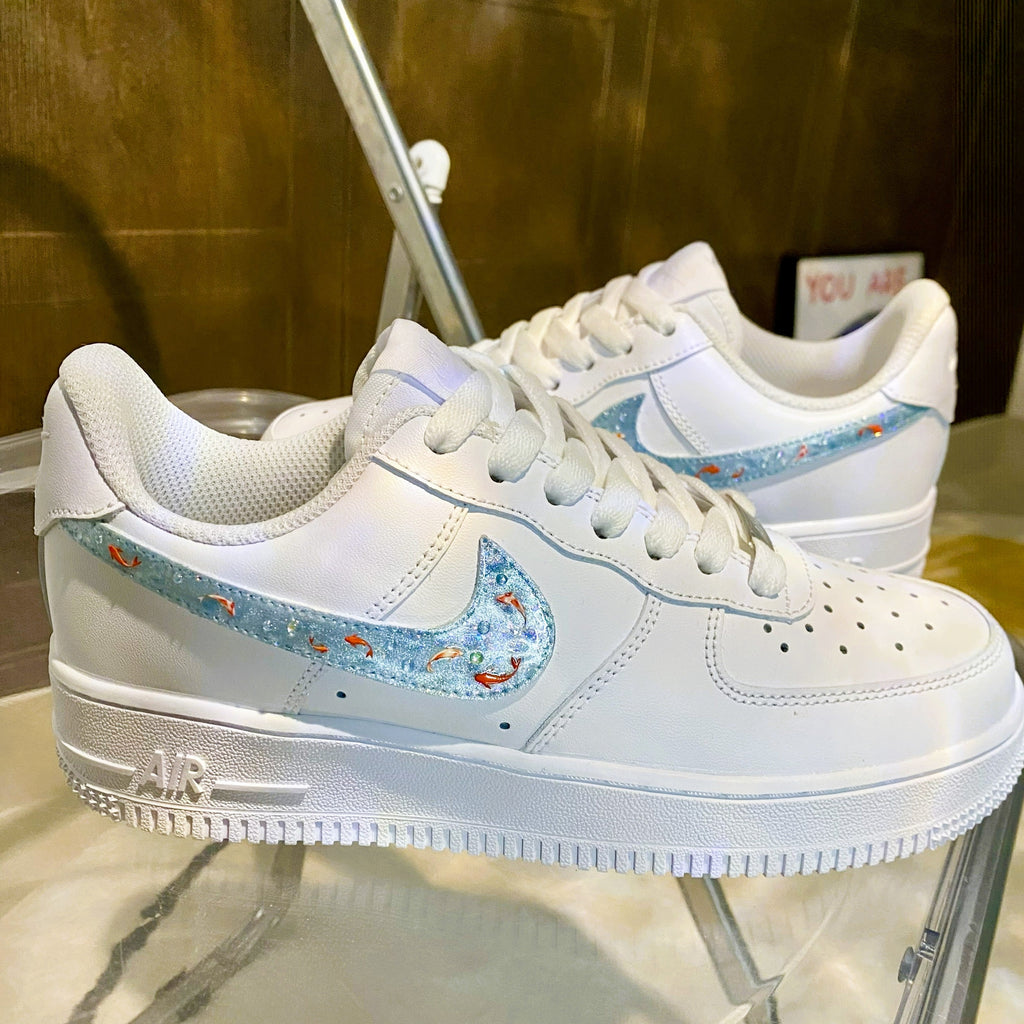 Custom Air Force 1 White With Blue Glitter And Goldfish Pattern-oicustom