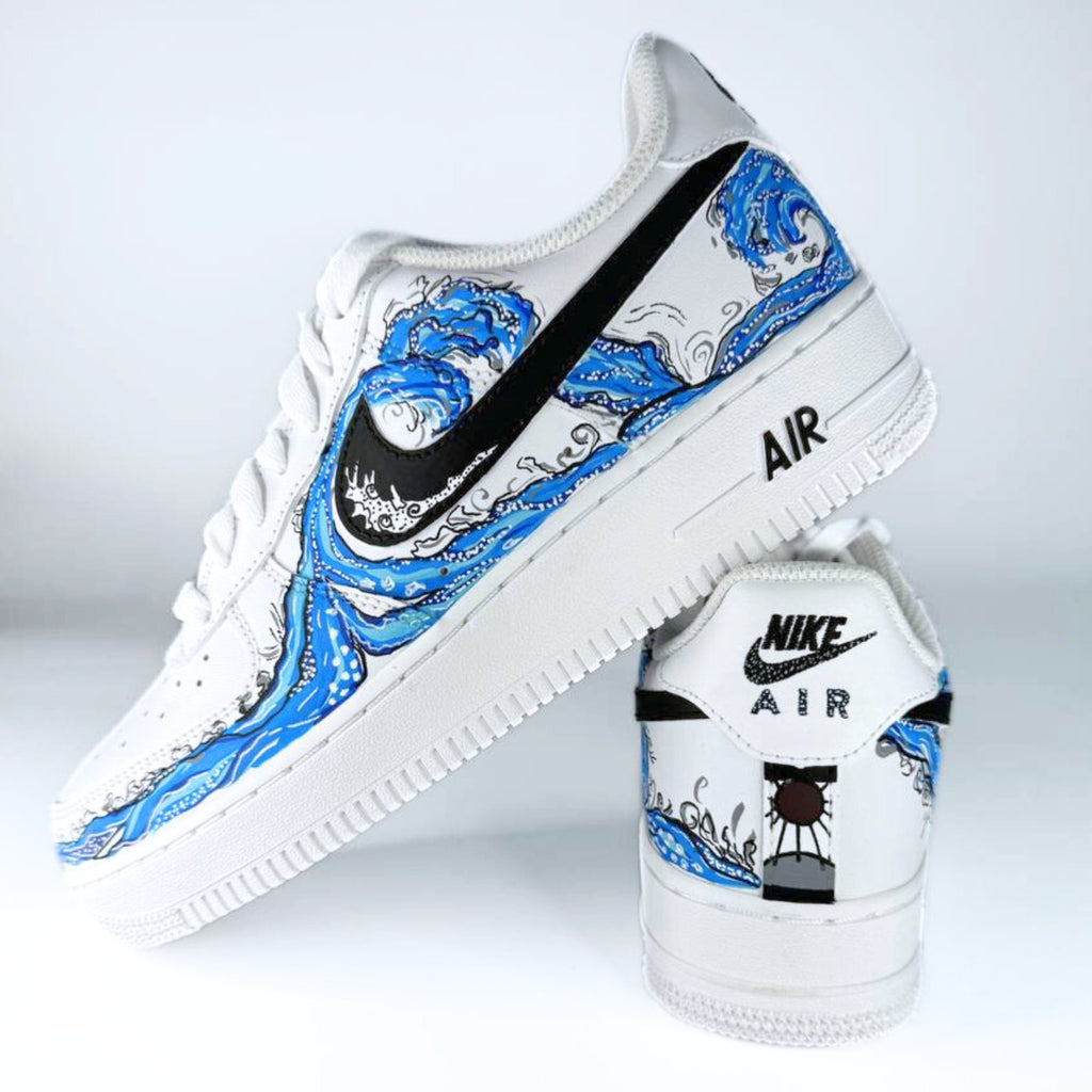 Custom Air Force 1 White With Blue Wave Pattern-oicustom