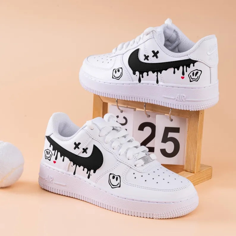 Custom Air Force 1 White With Dripping Black Logo And Smiley Face Patterns-oicustom