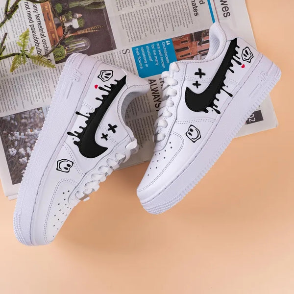 Custom Air Force 1 White With Dripping Black Logo And Smiley Face Patterns-oicustom