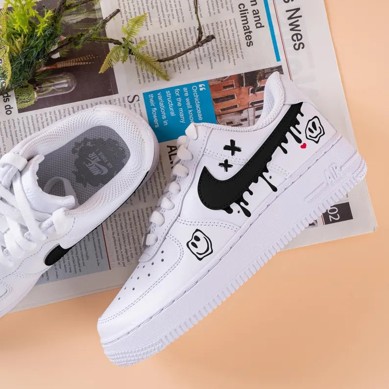 Custom Air Force 1 White With Dripping Black Logo And Smiley Face Patt ...
