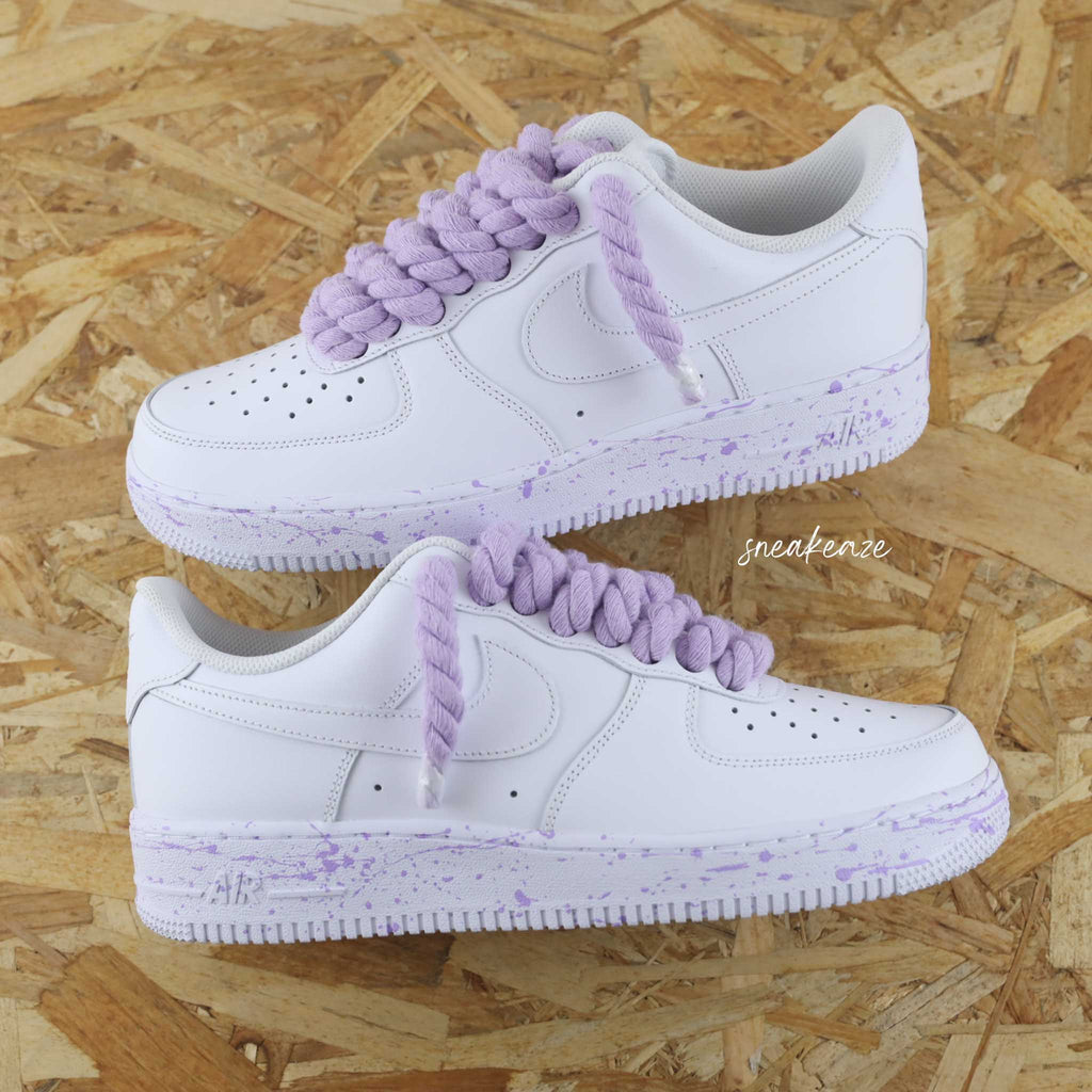 Custom Air Force 1 White With Lilac Splatter And Braided Lilac Laces-oicustom