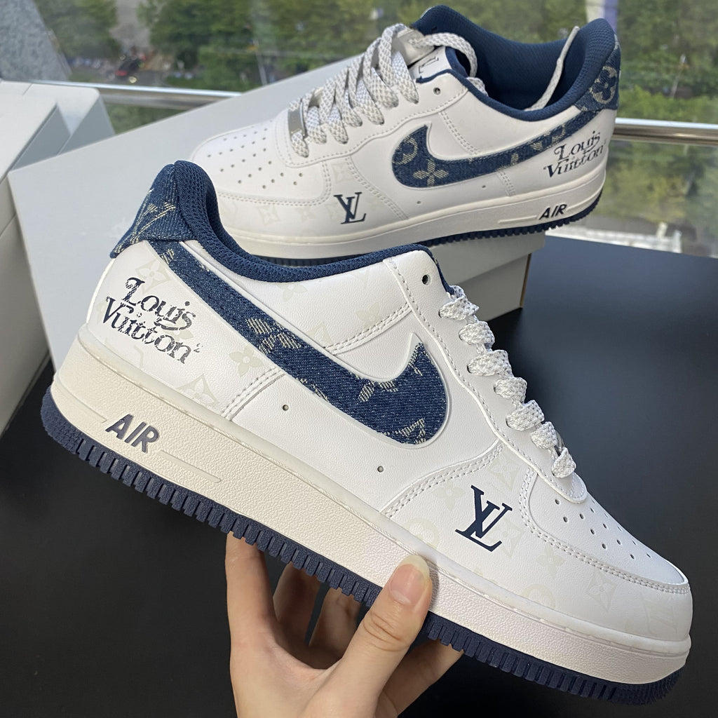 Custom Air Force 1 White With LV Patterns And Navy Blue Accents-oicustom