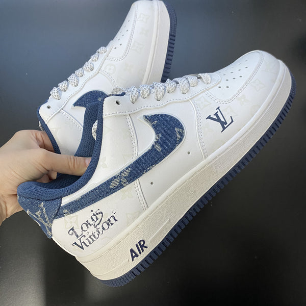 Custom Air Force 1 White With LV Patterns And Navy Blue Accents-oicustom