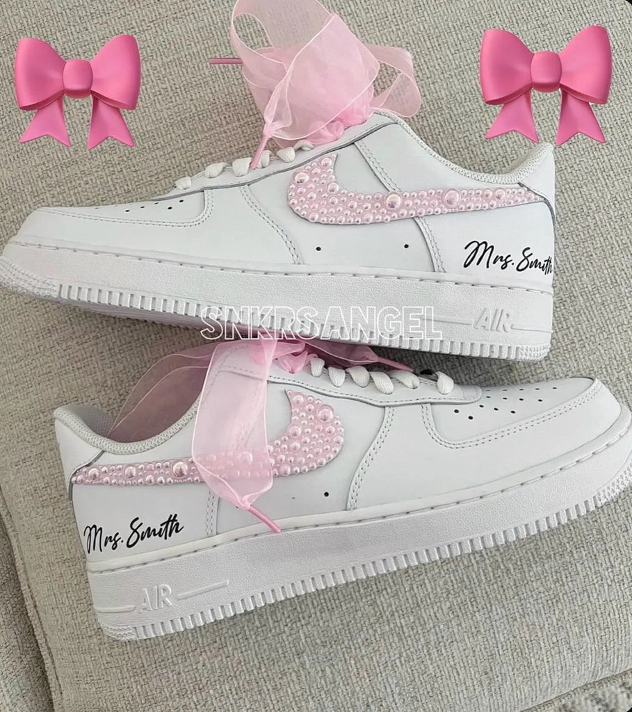 Custom Air Force 1 White With Pink Pearl Embellishments-oicustom