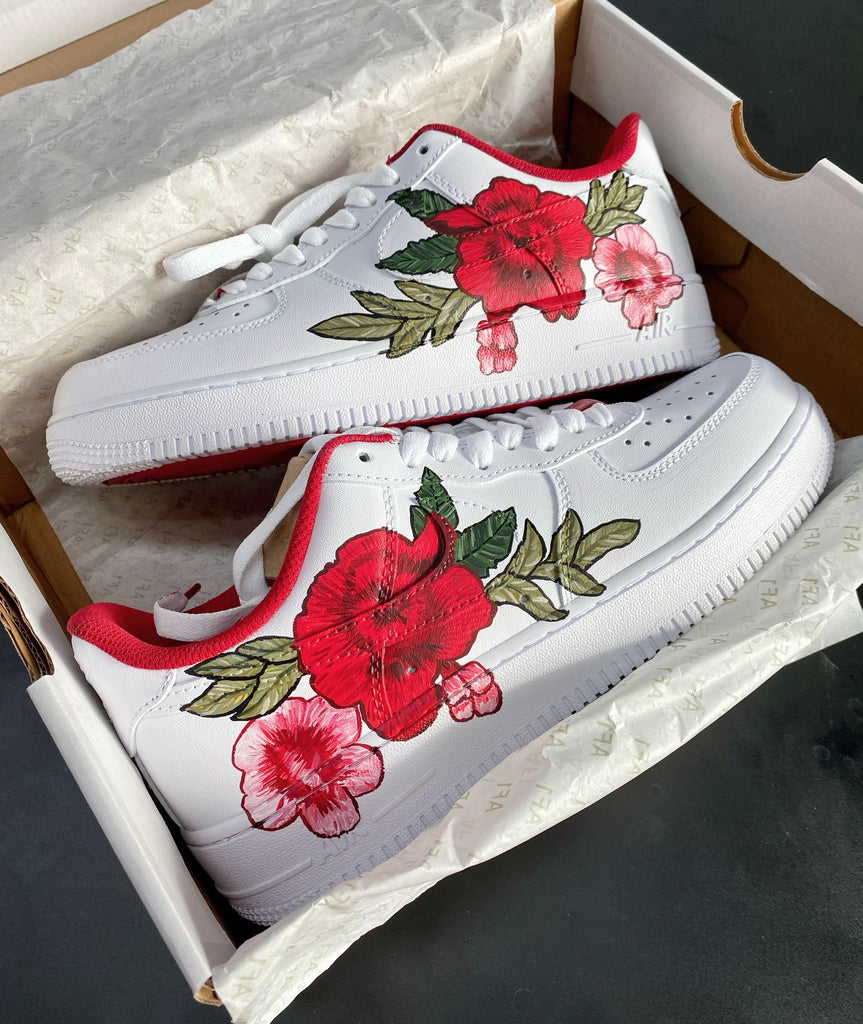 Custom Air Force 1 White With Red And Pink Floral Design-oicustom