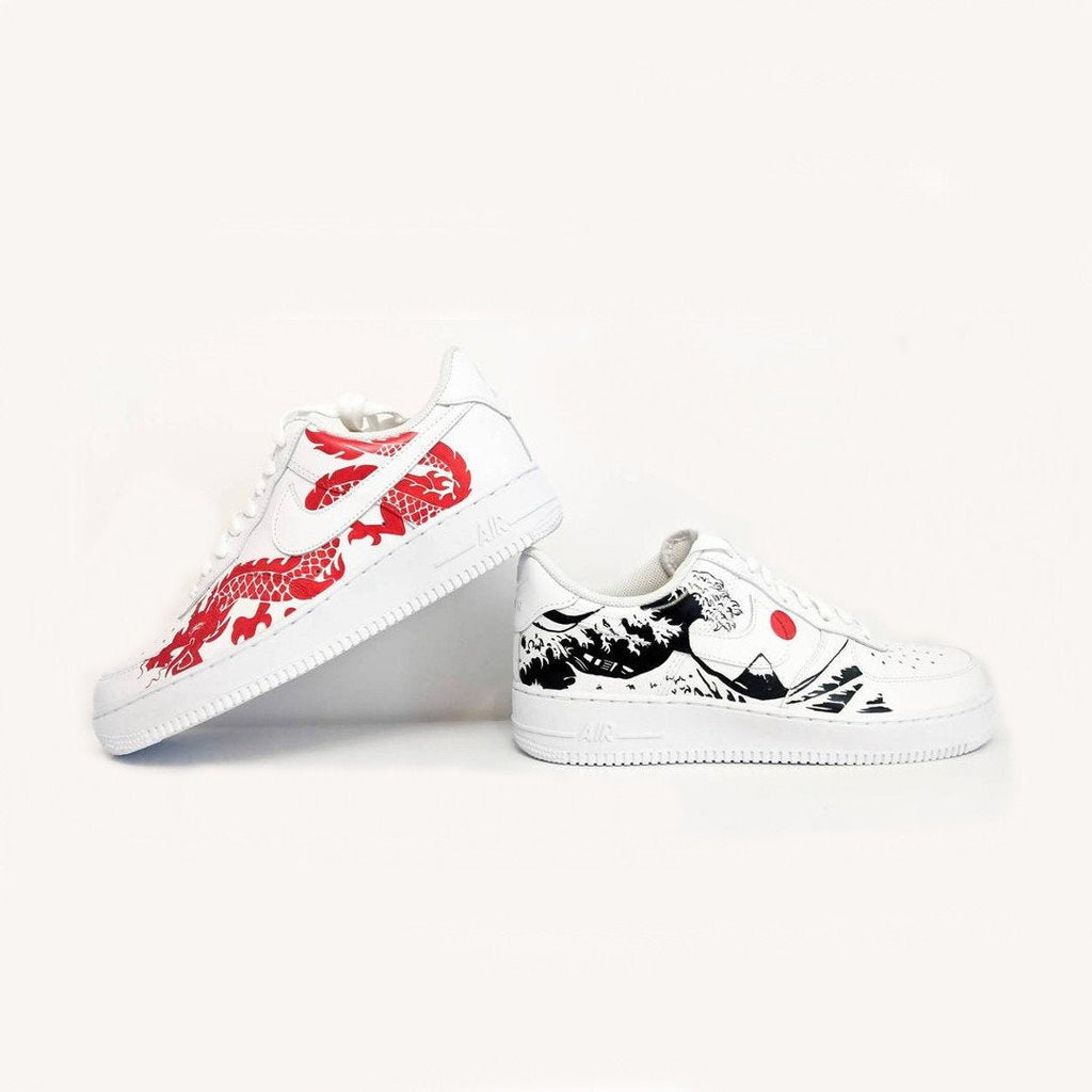 Custom Air Force 1 White With Red Dragon And Black Wave Pattern-oicustom
