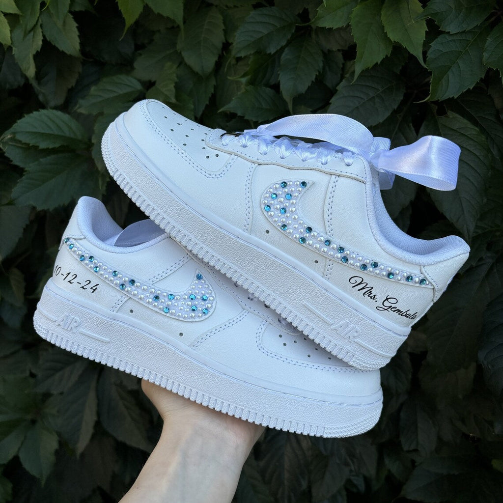 Custom Air Force 1 White With Rhinestone And Pearl Embellishment-oicustom