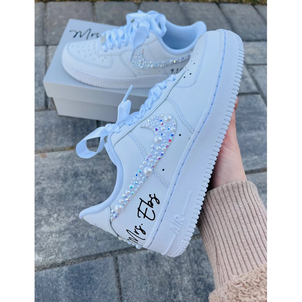Custom Air Force 1 White With Rhinestones And Pearls-oicustom
