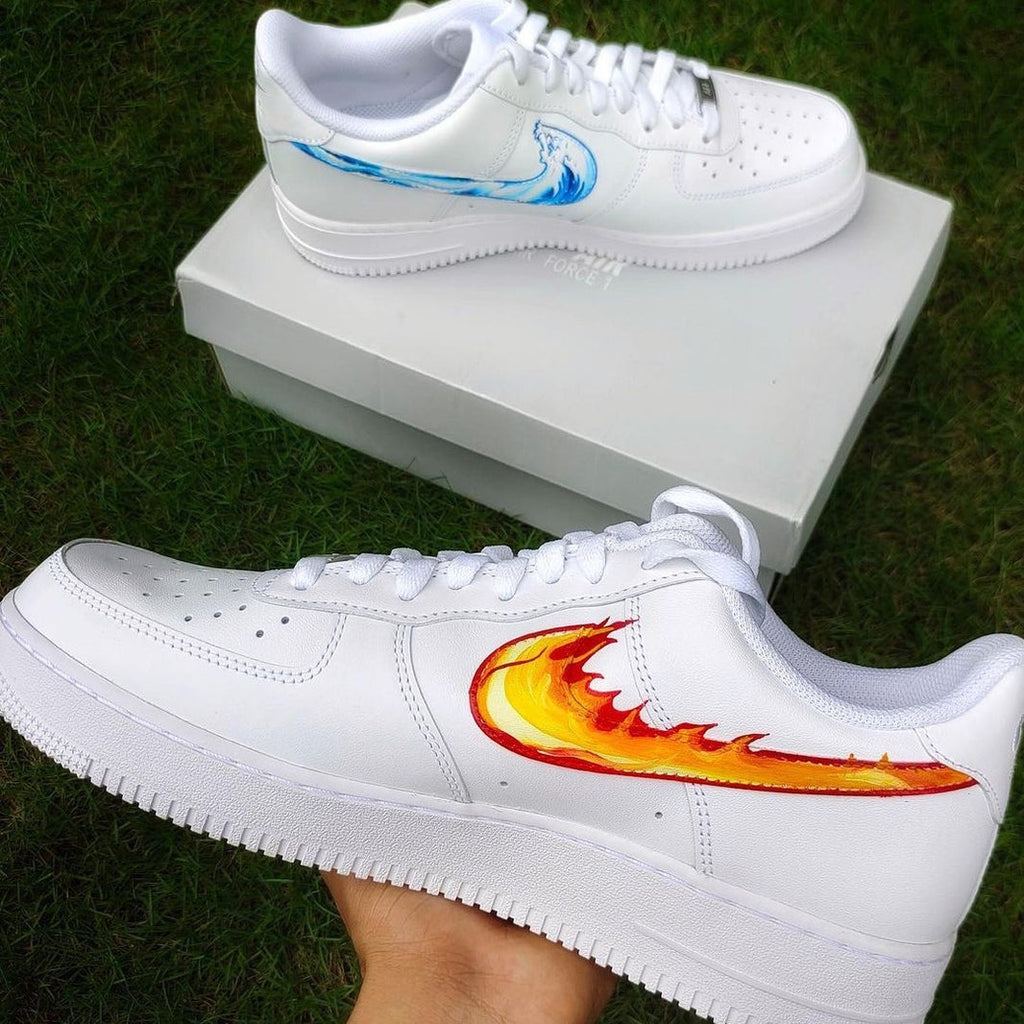Custom Air Force 1 White With Wave And Flame Patterns-oicustom