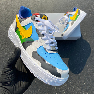 Custom Air Force 1 With Blue Yellow Green And Gray Camouflage Pattern-oicustom