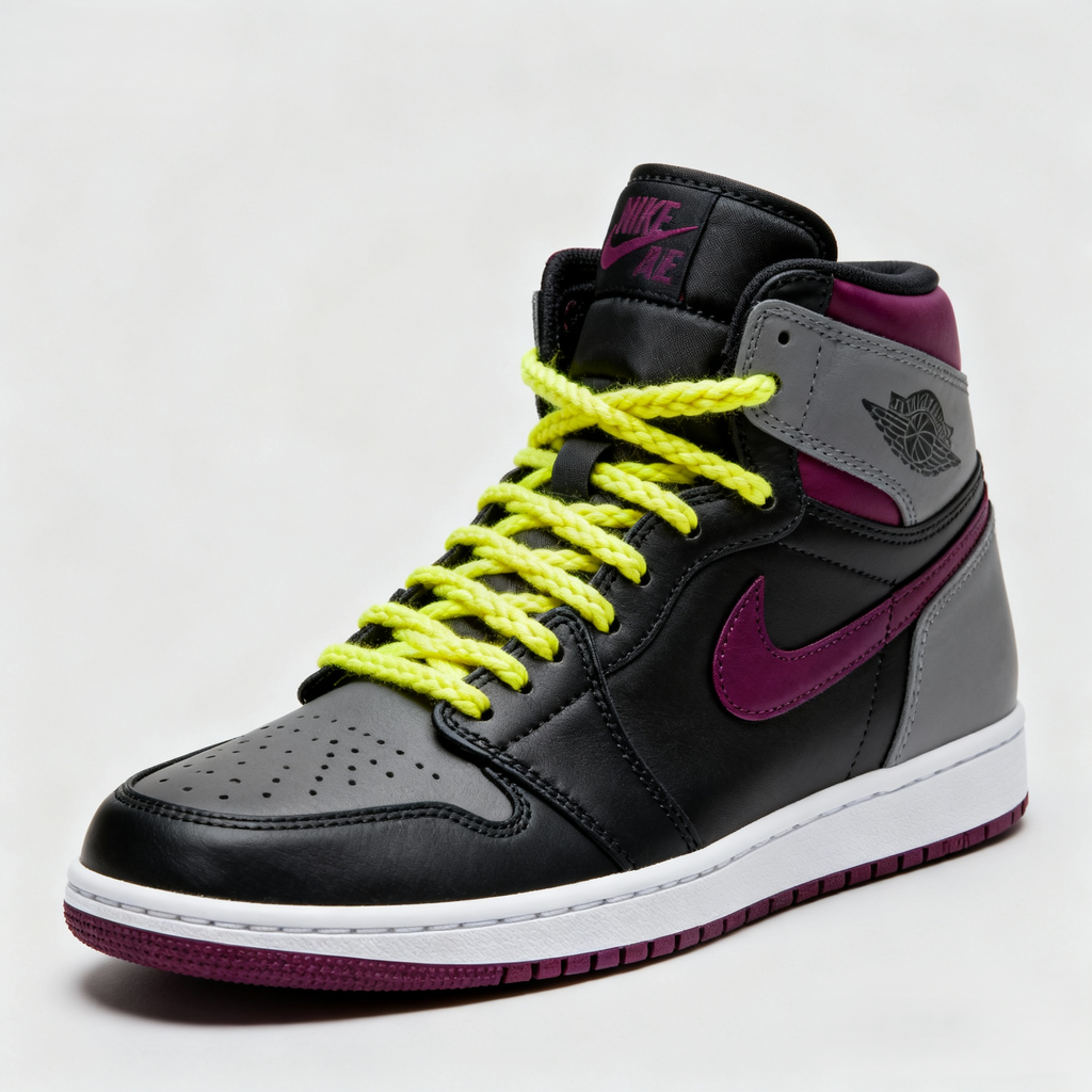 Custom Air Jordan 1 Black Gray And Magenta With Yellow Laces-oicustom