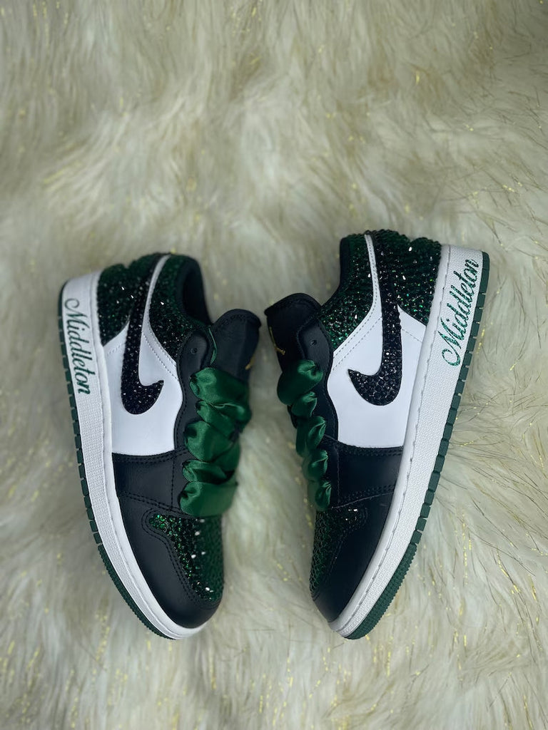 Custom Air Jordan 1 Black Green With Diamonds And Satin Laces-oicustom