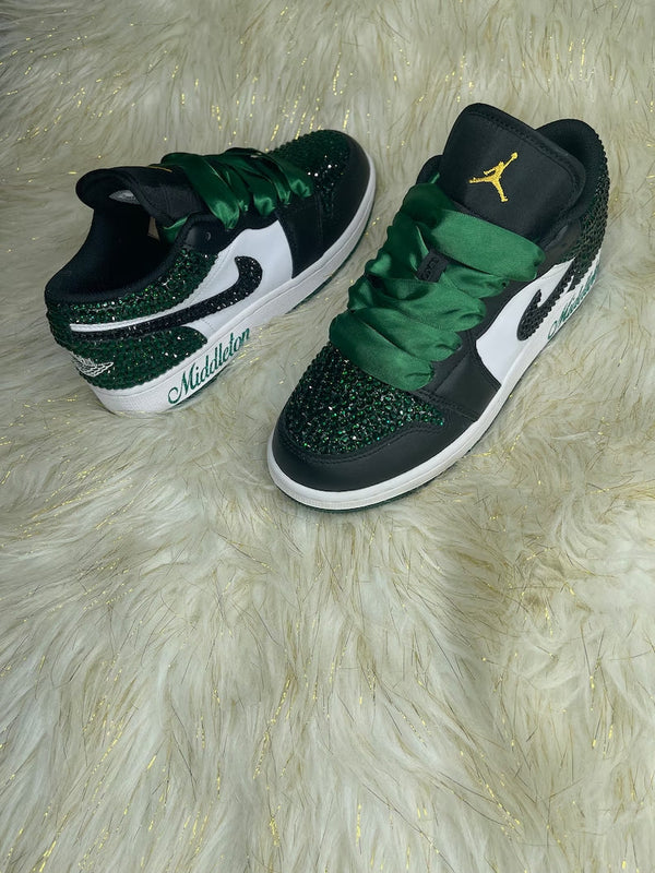 Custom Air Jordan 1 Black Green With Diamonds And Satin Laces-oicustom