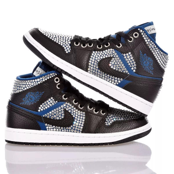 Custom Air Jordan 1 Black White And Blue With Rhinestone Diamonds-oicustom