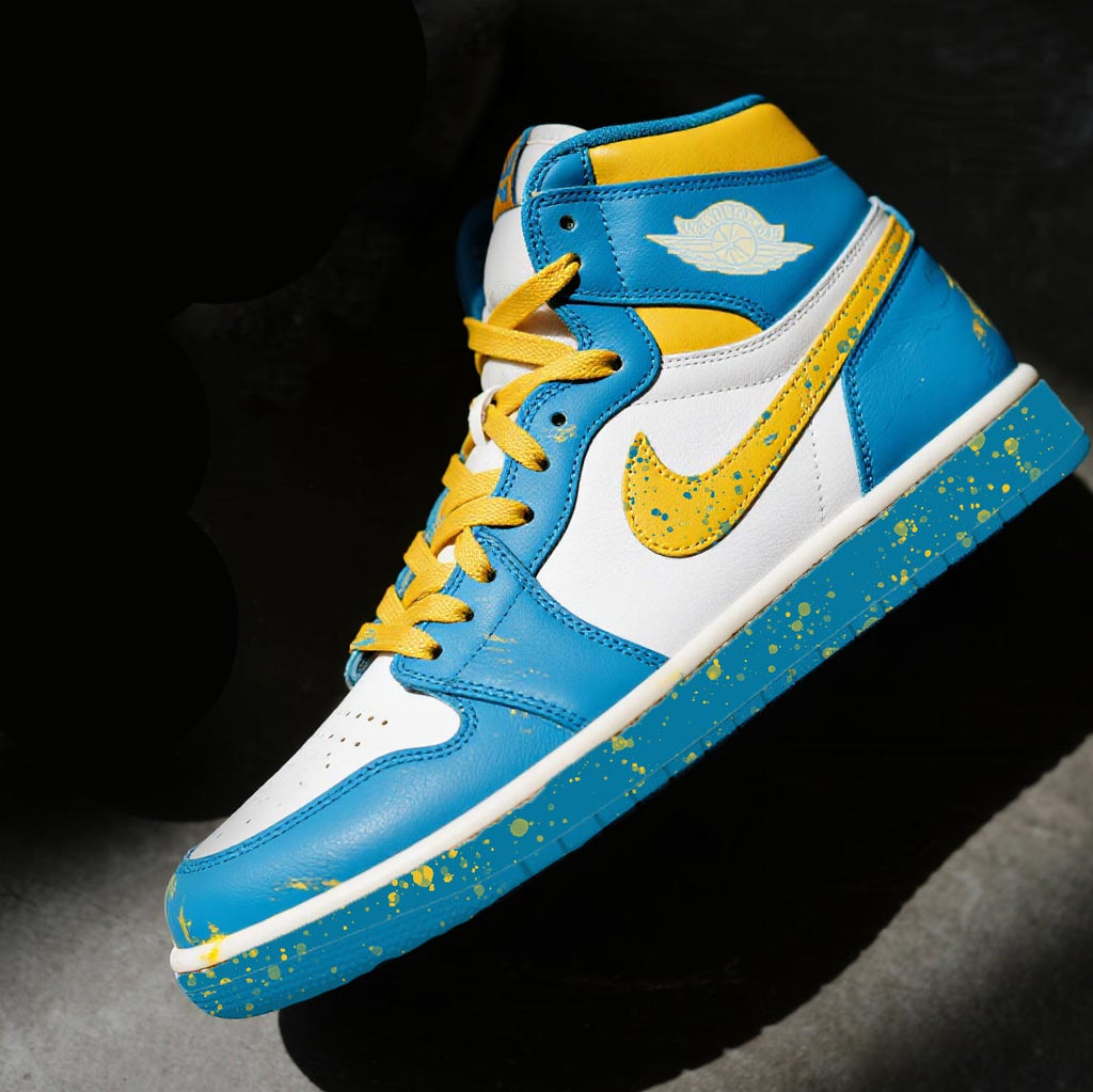 Custom Air Jordan 1 Blue White Yellow Swoosh Splatter-oicustom