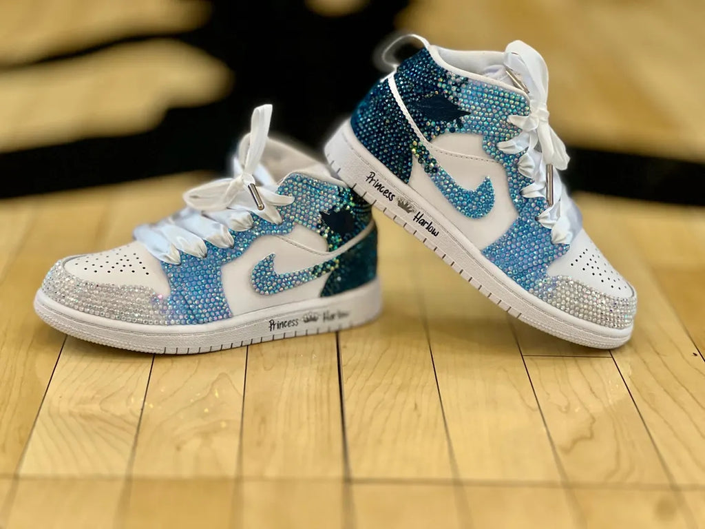 Custom Air Jordan 1 White Baby Blue Rhinestone Design-oicustom
