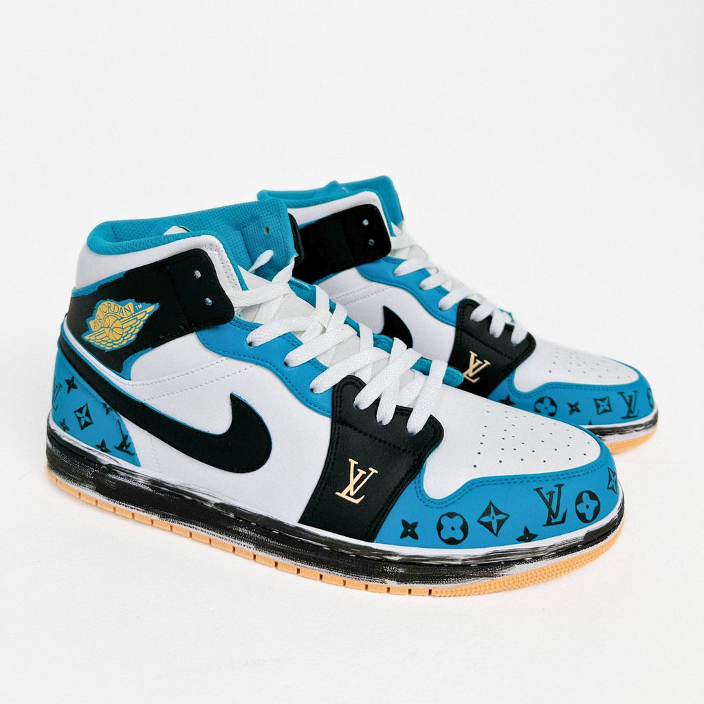 Custom Air Jordan 1 White Black and Blue With LV Patterns-oicustom
