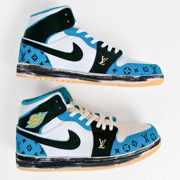 Custom Air Jordan 1 White Black and Blue With LV Patterns-oicustom