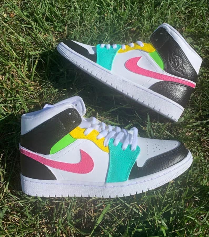 Custom Air Jordan 1 White Black With Multicolor Panels-oicustom