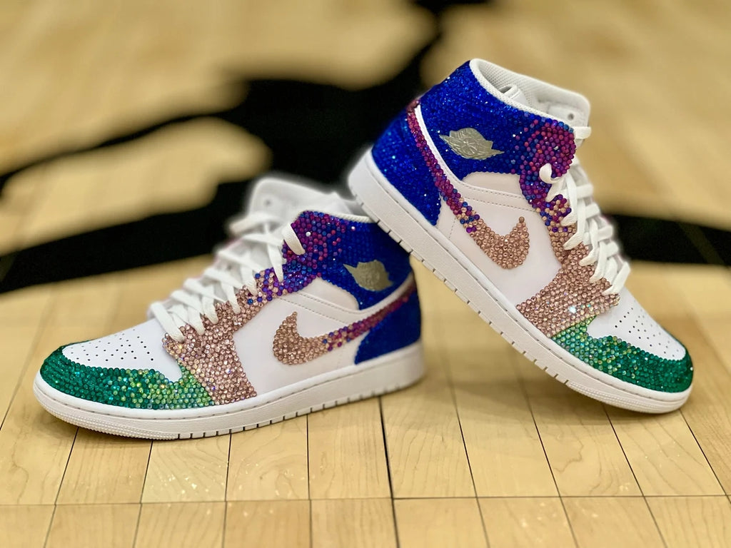 Custom Air Jordan 1 White Blue Green With Rhinestones-oicustom