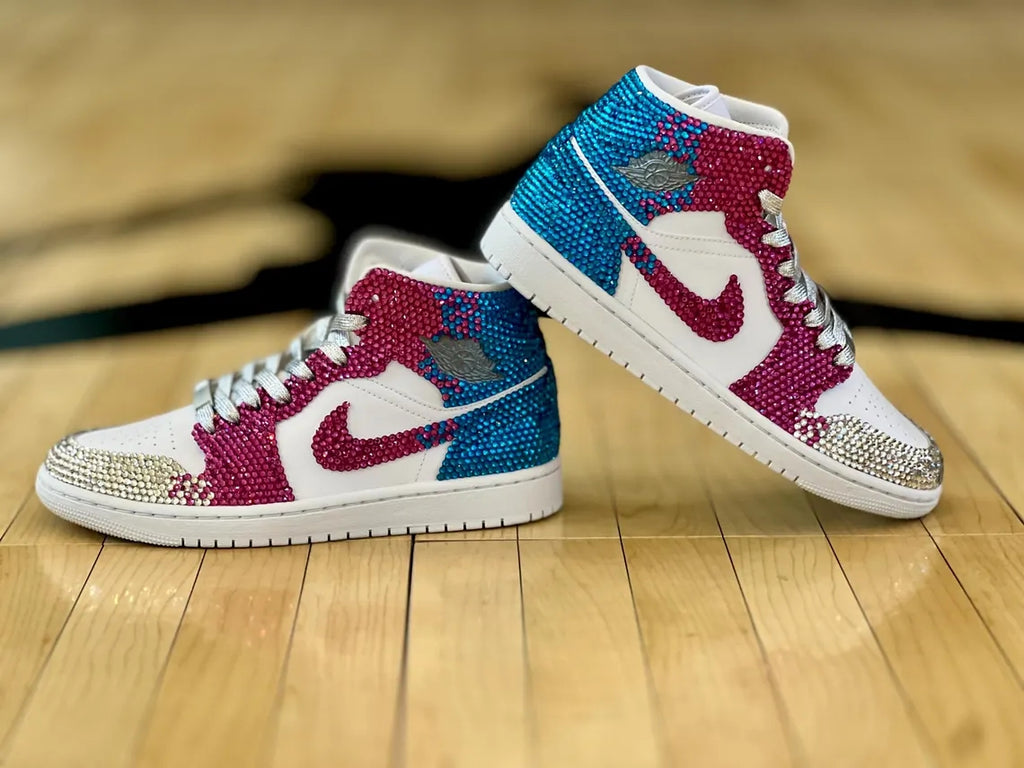 Custom Air Jordan 1 White Blue Pink Rhinestones-oicustom