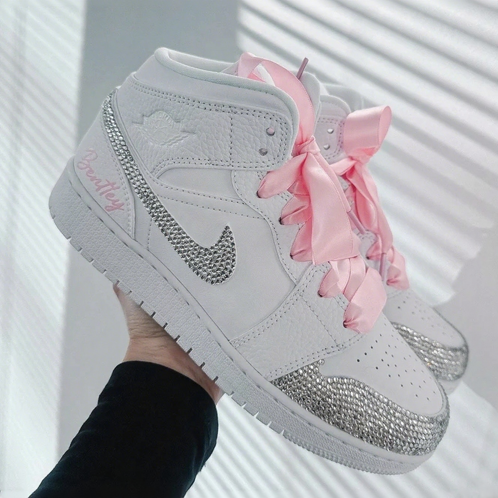 Custom Air Jordan 1 White Pink Ribbons And Silver Rhinestones-oicustom
