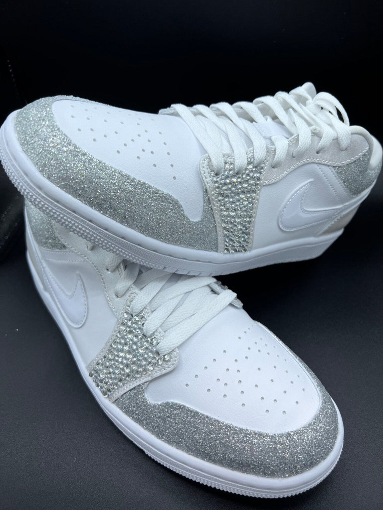 Custom Air Jordan 1 White Silver Glitter Rhinestones-oicustom