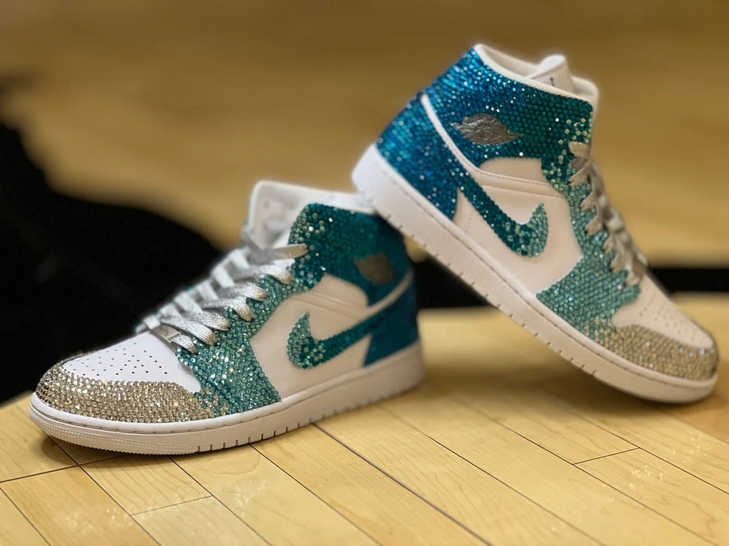 Custom Air Jordan 1 White Teal With Rhinestones-oicustom