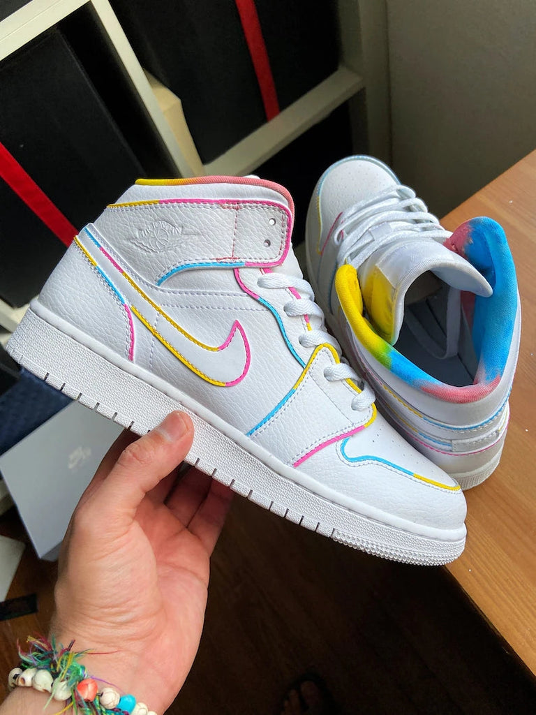 Custom Air Jordan 1 White With Multicolor Lines And Tie - Dye Collar-oicustom