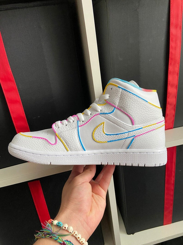 Custom Air Jordan 1 White With Multicolor Lines And Tie - Dye Collar-oicustom