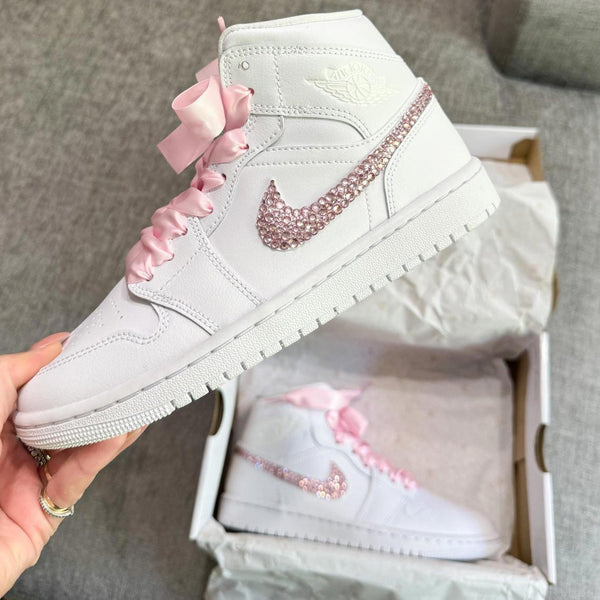 Custom Air Jordan 1 White With Pink Rhinestones Diamonds-oicustom