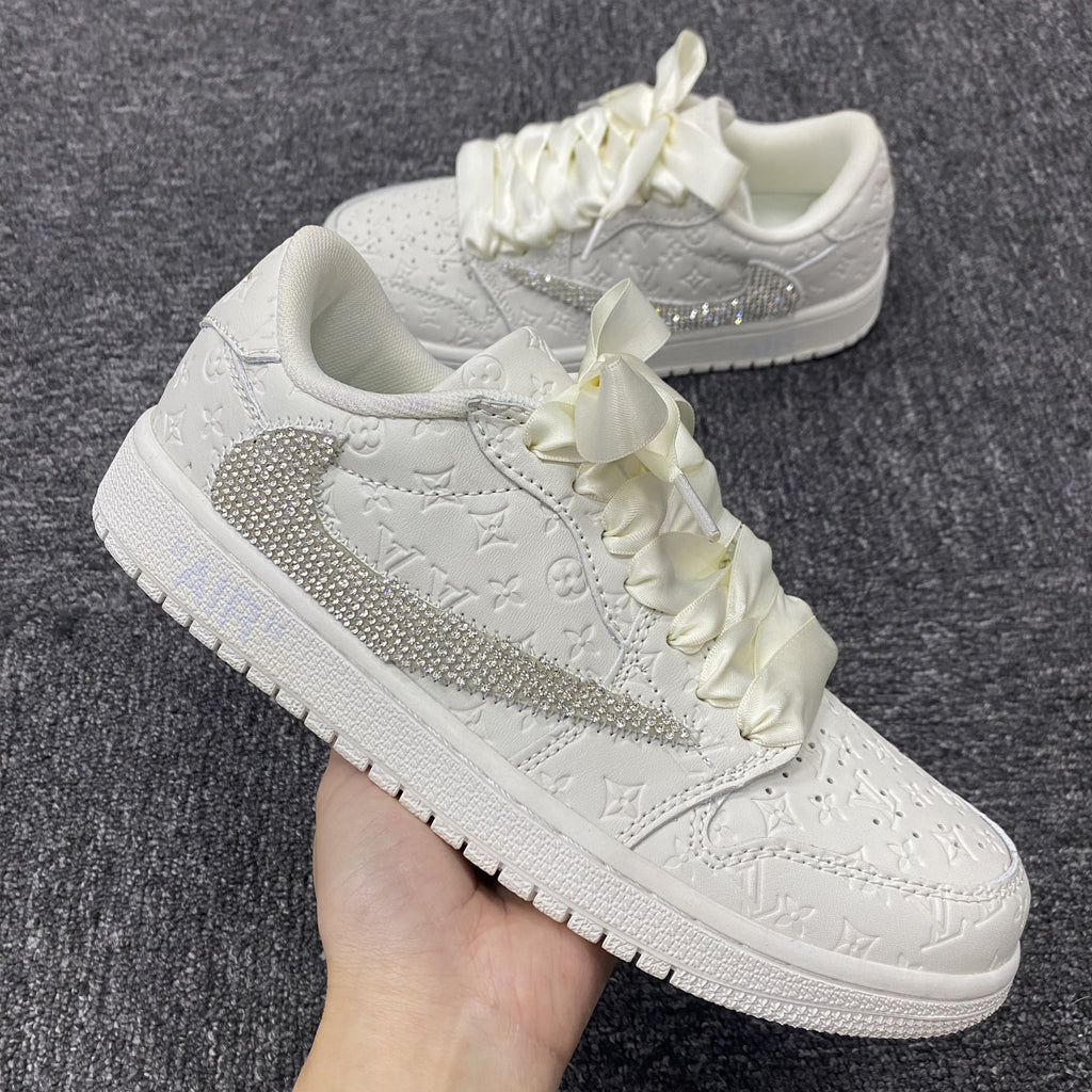 Custom Air Jordans Travis Scott White LV Logo With Rhinestones-oicustom