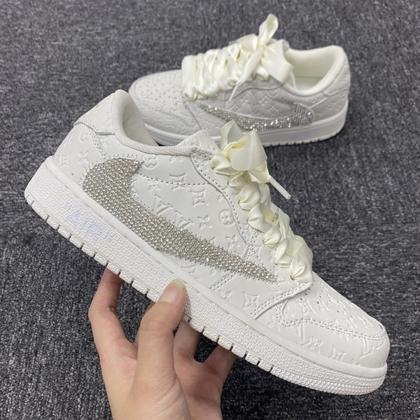 Custom Air Jordans Travis Scott White LV Logo With Rhinestones-oicustom