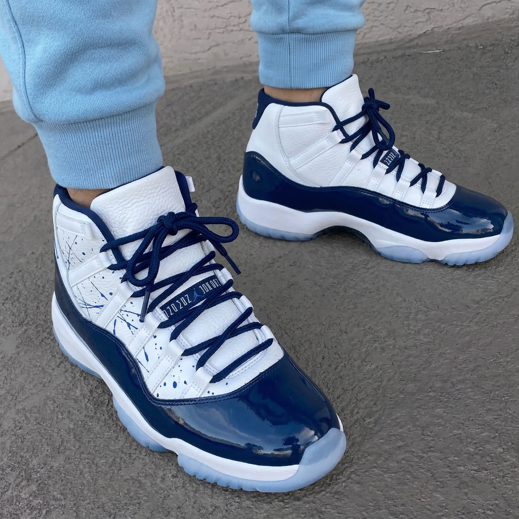 Custom AJ 11s Shoes White Navy Blue Retro Unc Win Splatter-oicustom
