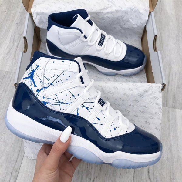 Custom AJ 11s Shoes White Navy Blue Retro Unc Win Splatter-oicustom