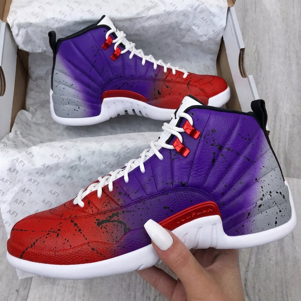 Custom AJ 12s Shoes Raptors Fade Purple Red Gray Splatter-oicustom