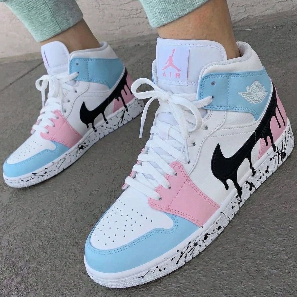 Custom AJ 1s Shoes Baby Blue Baby Pink Black Drip Design-oicustom
