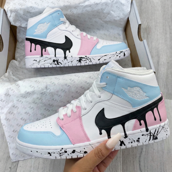 Custom AJ 1s Shoes Baby Blue Baby Pink Black Drip Design-oicustom
