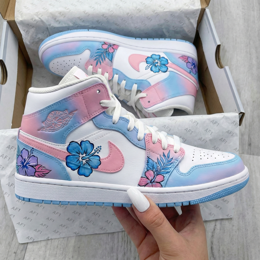 Custom AJ 1s Shoes Baby Blue Baby Pink Flowers Pattern-oicustom