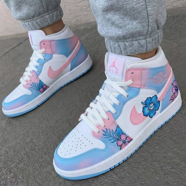 Custom AJ 1s Shoes Baby Blue Baby Pink Flowers Pattern-oicustom