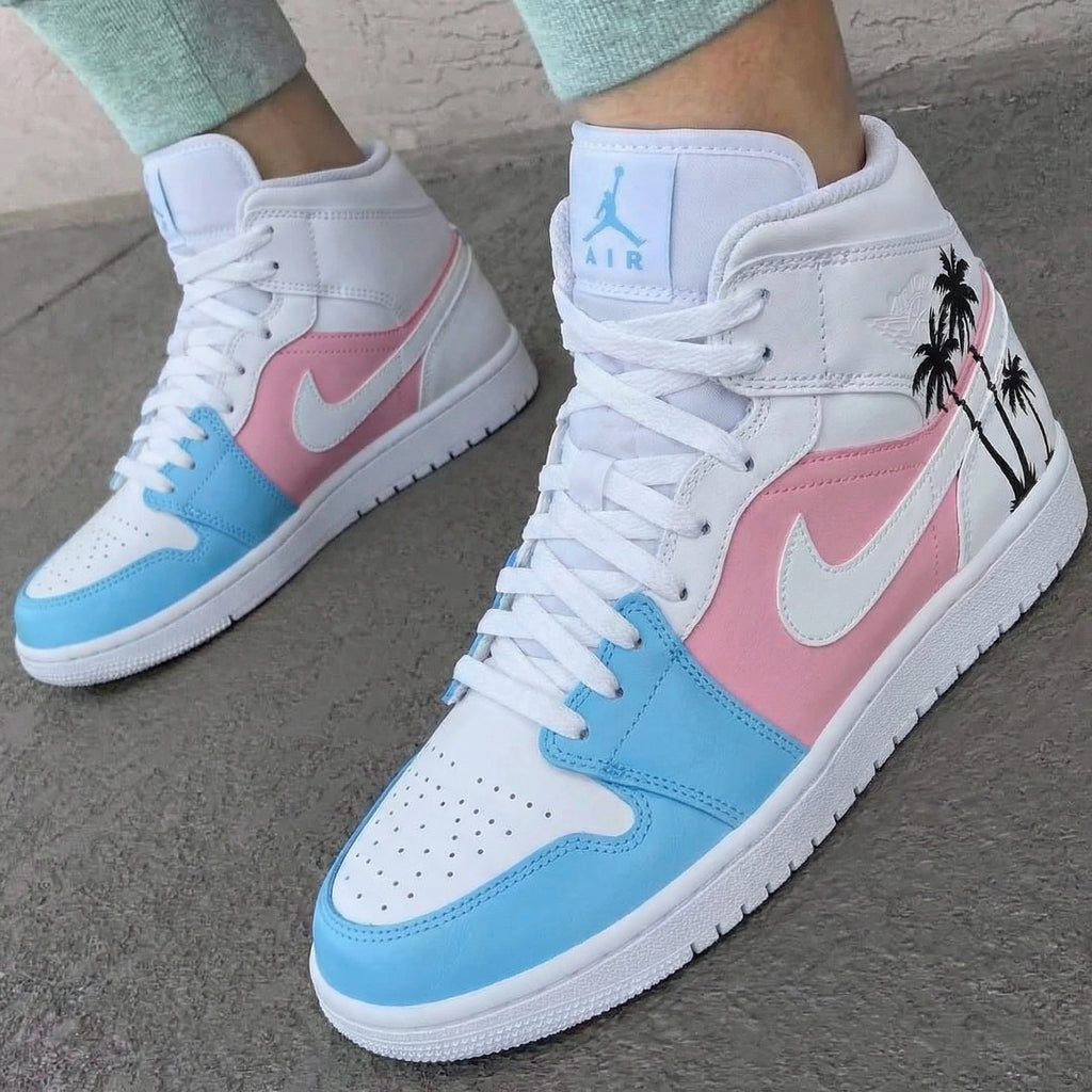 Custom AJ 1s Shoes Baby Blue Baby Pink Palm Trees-oicustom