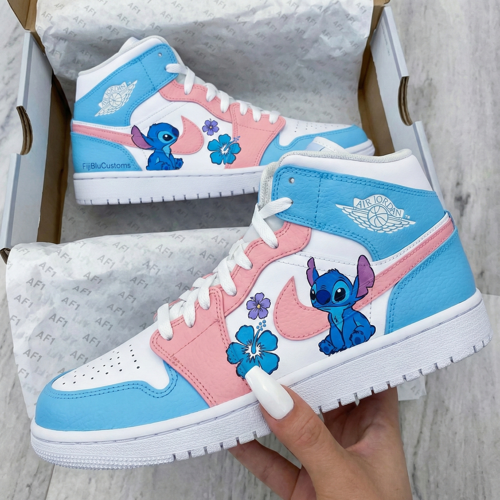 Custom AJ 1s Shoes Baby Blue Baby Pink Stitch Flowers-oicustom