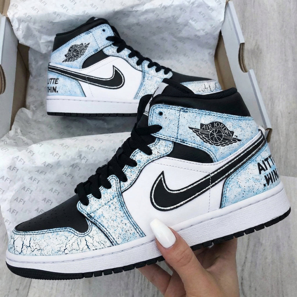 Custom AJ 1s Shoes Baby Blue Black Cracked Pattern-oicustom