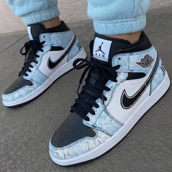 Custom AJ 1s Shoes Baby Blue Black Cracked Pattern-oicustom