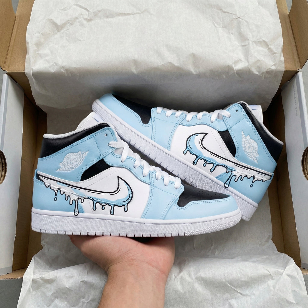 Custom AJ 1s Shoes Baby Blue Black Drip Swoosh Design-oicustom