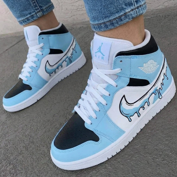 Custom AJ 1s Shoes Baby Blue Black Drip Swoosh Design-oicustom
