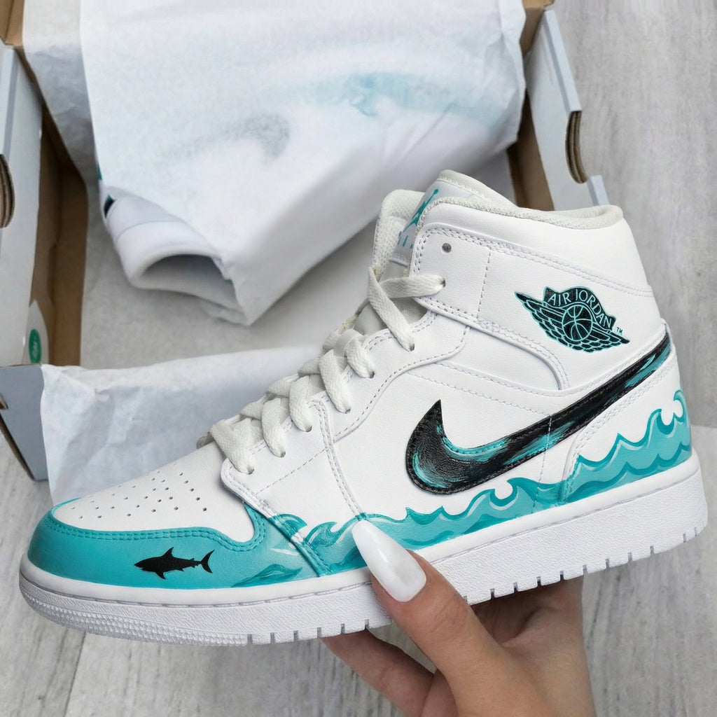 Custom AJ 1s Shoes Baby Blue Black Waves Shark-oicustom