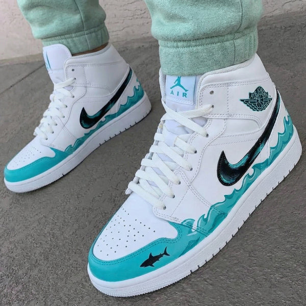 Custom AJ 1s Shoes Baby Blue Black Waves Shark-oicustom