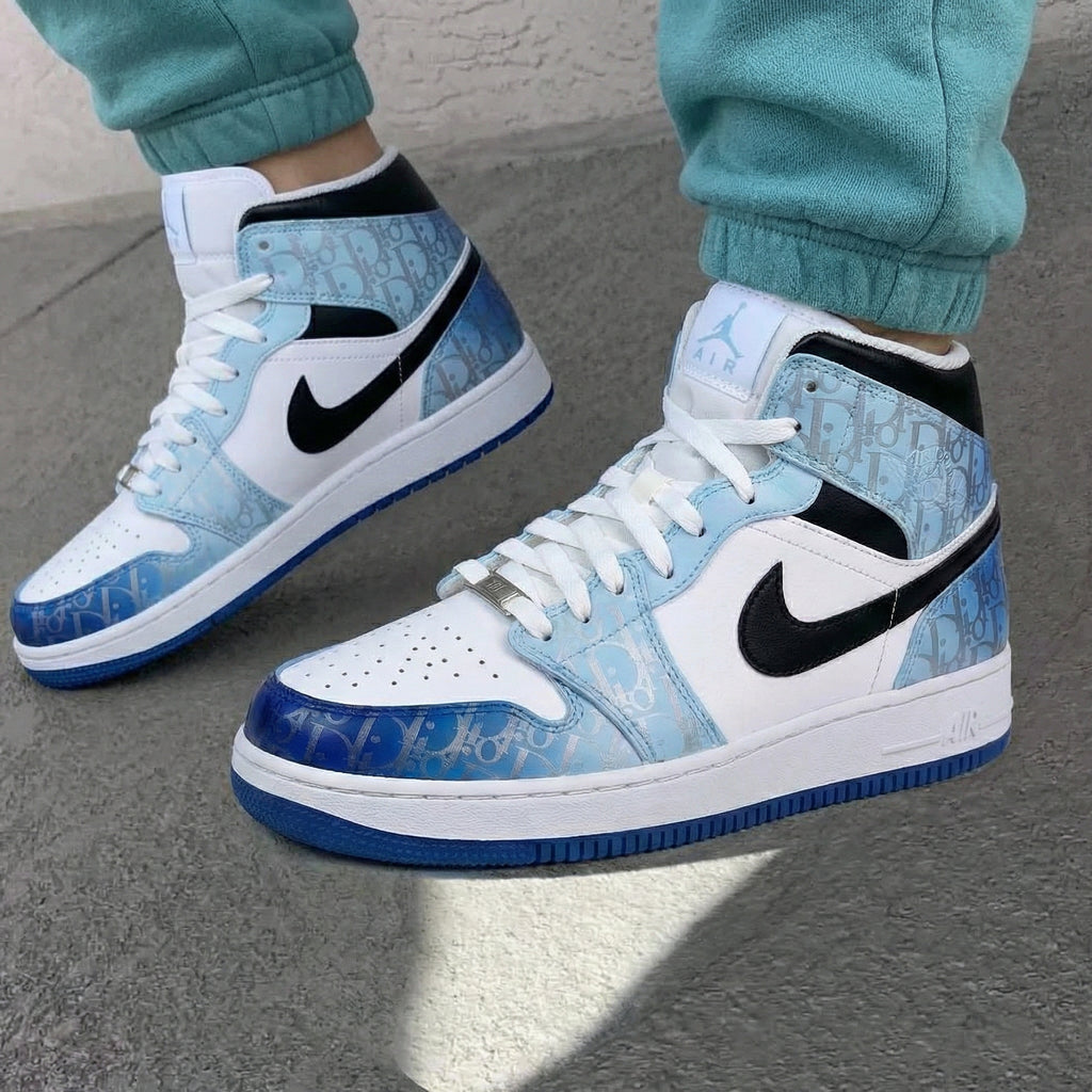 Custom AJ 1s Shoes Baby Blue Black with Dior Pattern-oicustom